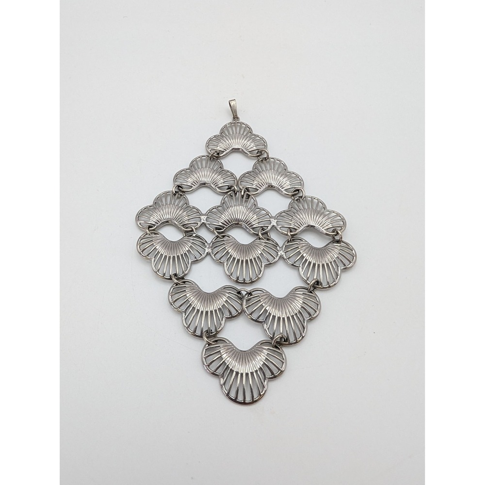 Vintage Silver Tone Diamond Shaped Filigree Fan Statement Pendant Unsigned